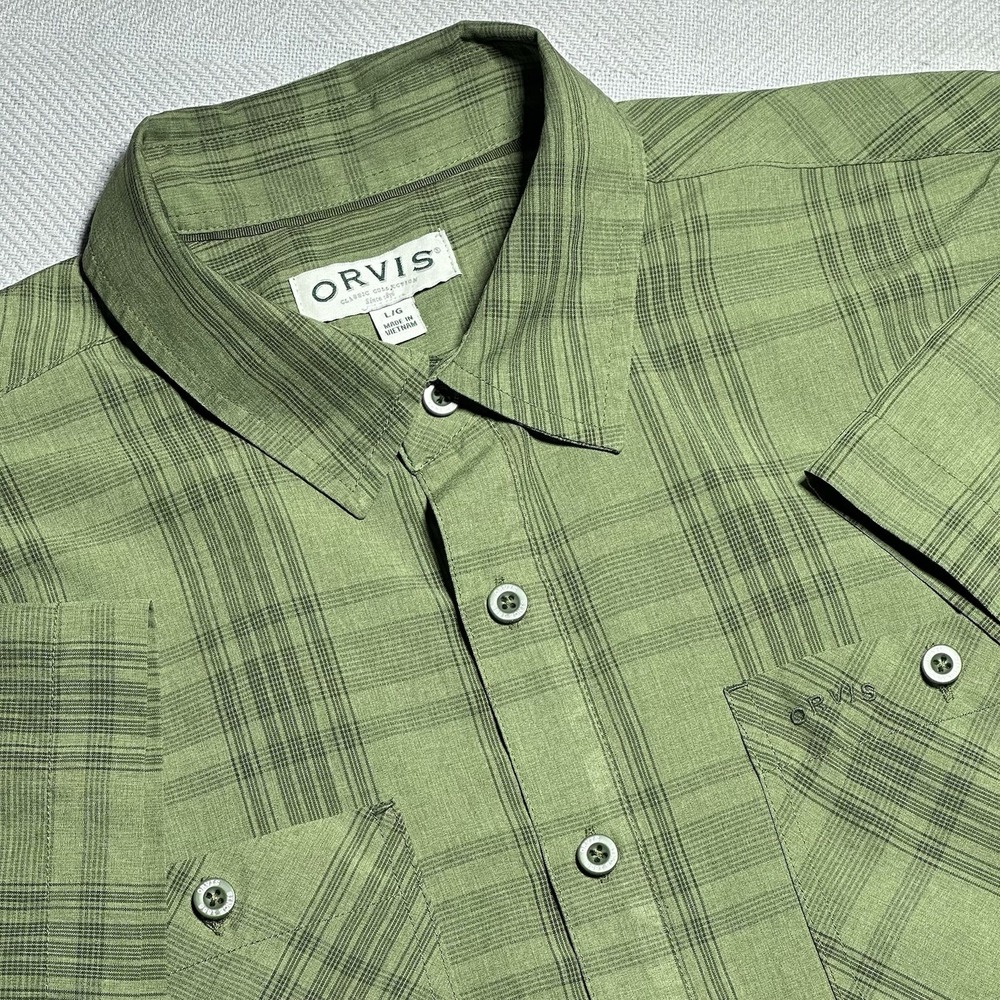 Orvis Green Plaid Performance Button Up Dual Pocket Tech Shirt Size Large